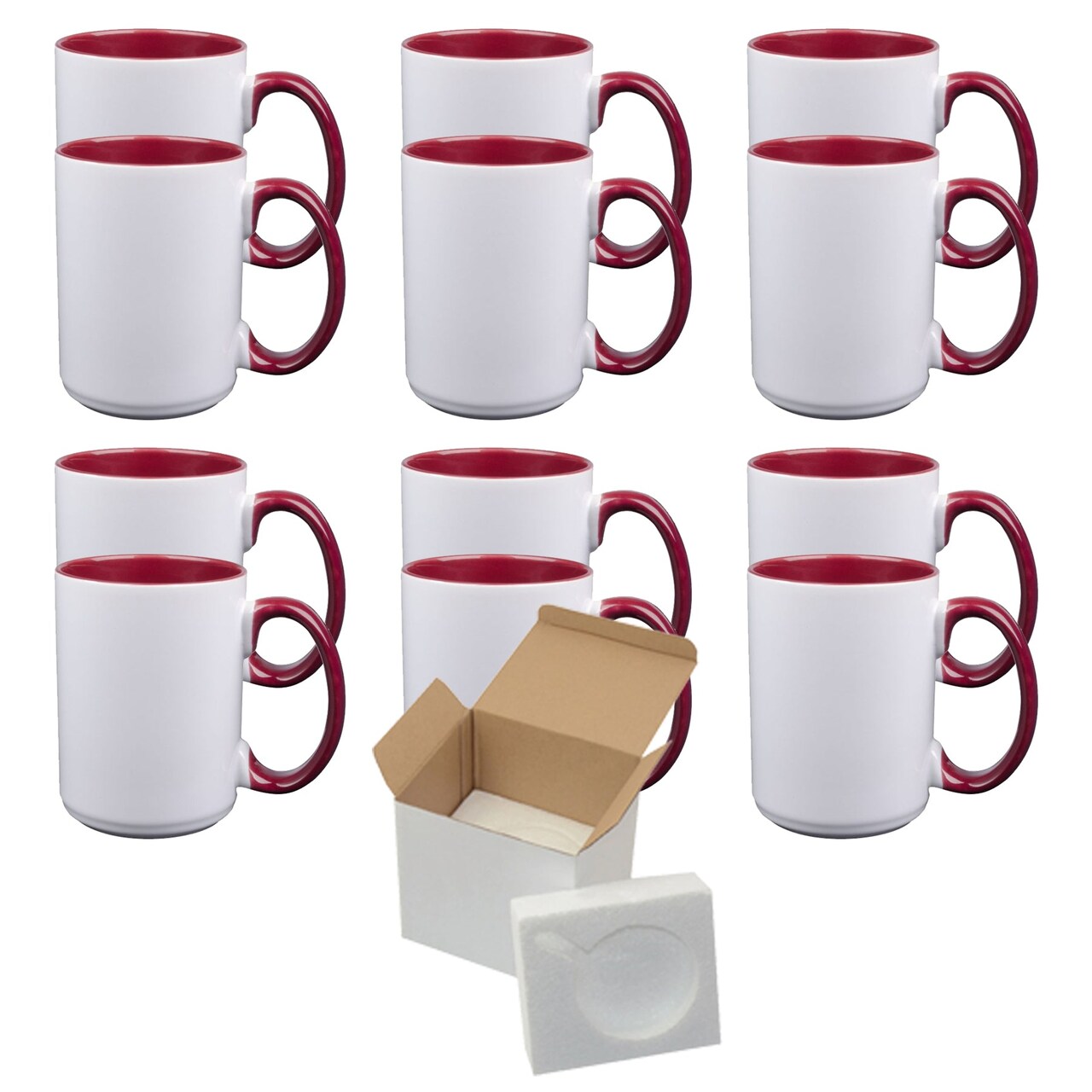 12 Pcs 15OZ El Grande Dark Red Inside & Handle Sublimation Mugs With Foam Support Boxes